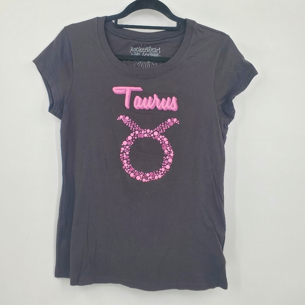 ◇◇ Rocker Girl Taurus Graphic Print Short Sleeve Tee Size XL Black and Pink
